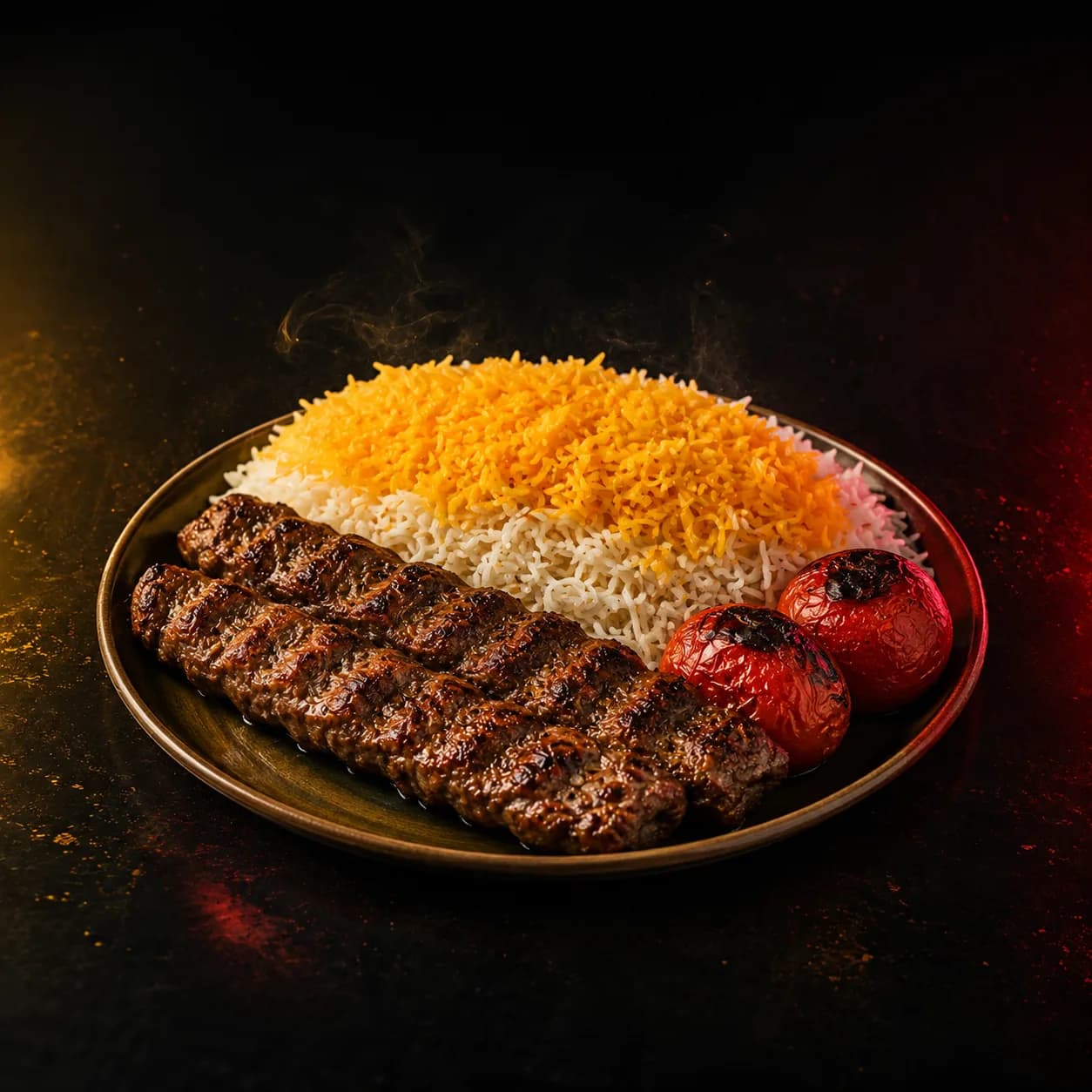 چلوکباب کوبیده با برنج زعفرانی و گوجه کبابی
